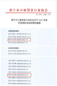 大都小貸公司獲南寧市小貸協(xié)會表彰