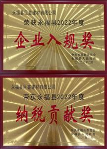 巨鑫公司榮獲永?？h2022年度企業(yè)入規(guī)獎(jiǎng)和納稅貢獻(xiàn)獎(jiǎng)